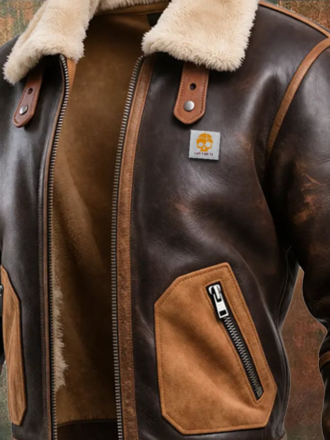 WARM LEATHER JACKET WITH SHERPA COLLAR