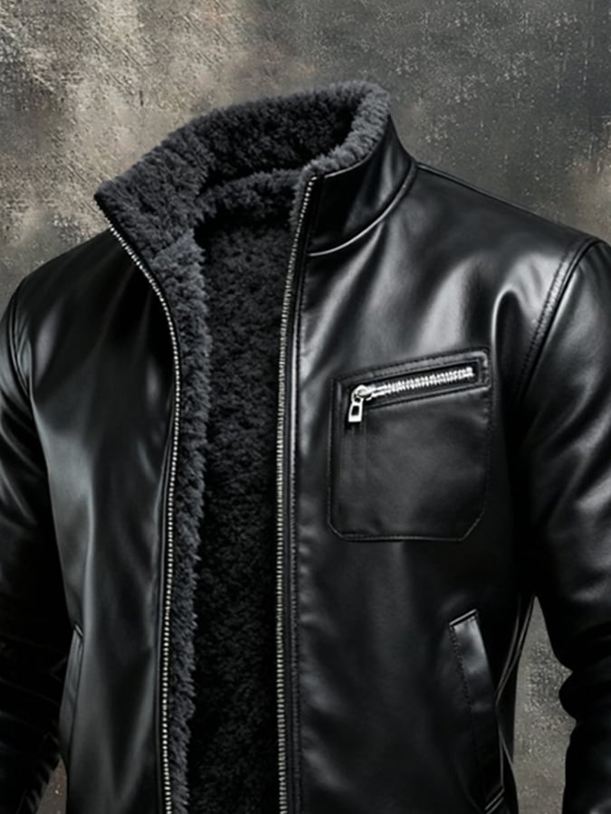 WARM BLACK LEATHER JACKET WITH SHERPA LINING