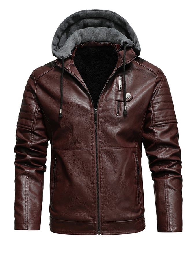 JACKET WITH ZIPPER MADE OF FAUX LEATHER WITH HOOD AND LINING