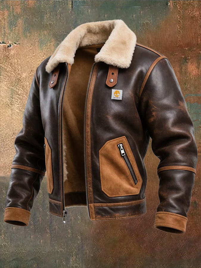 WARM LEATHER JACKET WITH SHERPA COLLAR
