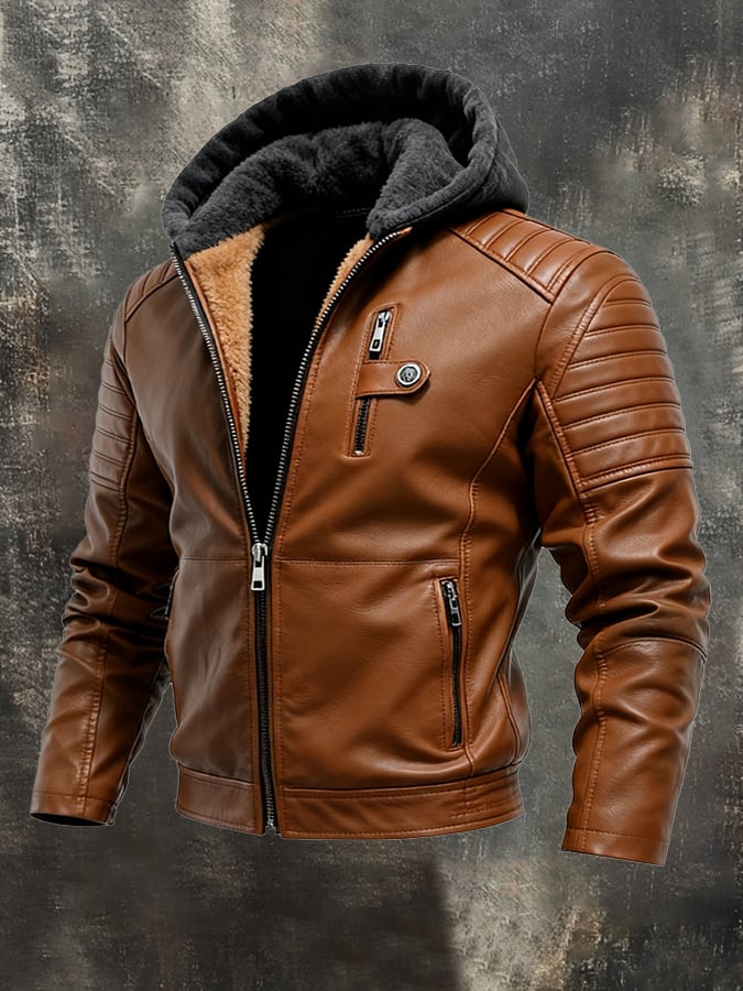 JACKET WITH ZIPPER MADE OF FAUX LEATHER WITH HOOD AND LINING