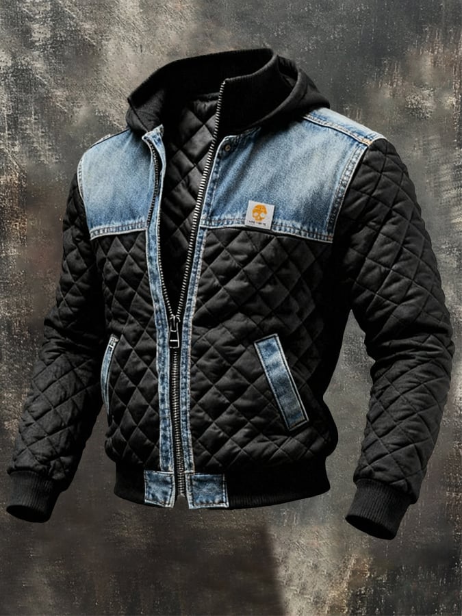 BLACK QUILTED JACKET WITH DENIM DETAILS