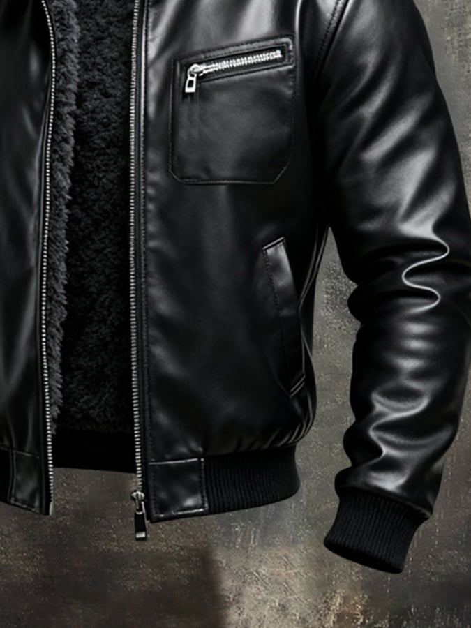 WARM BLACK LEATHER JACKET WITH SHERPA LINING