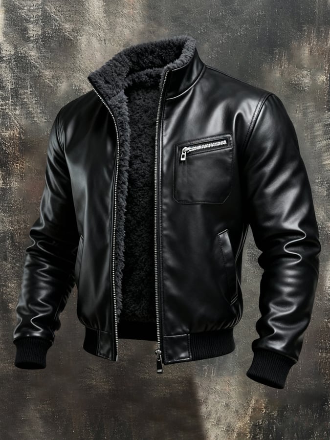 WARM BLACK LEATHER JACKET WITH SHERPA LINING
