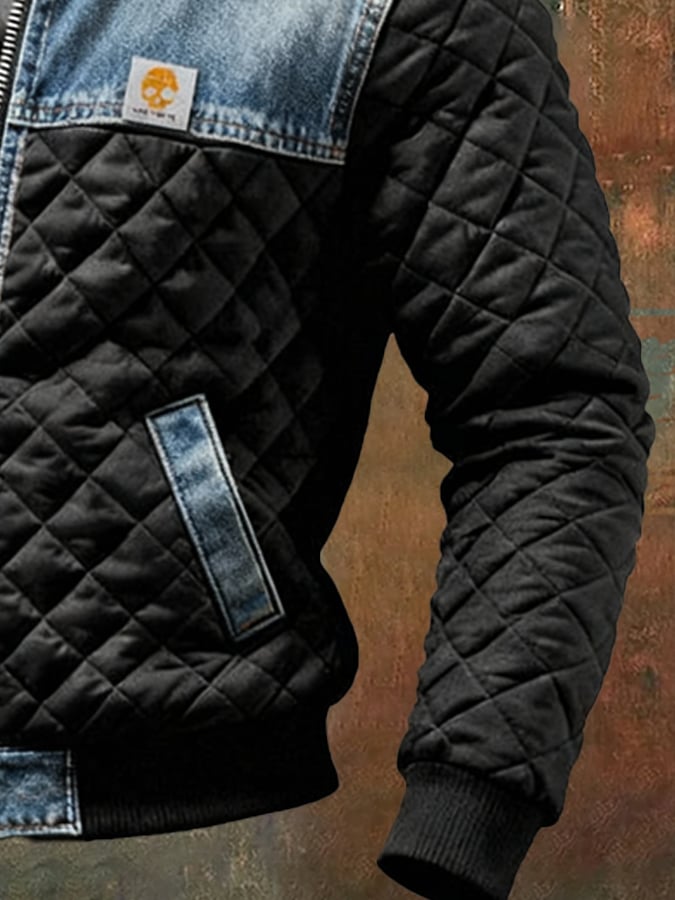 BLACK QUILTED JACKET WITH DENIM DETAILS